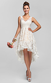 A-line/Princess V-neck Asymmetrical Lace Bridesmaid Dress