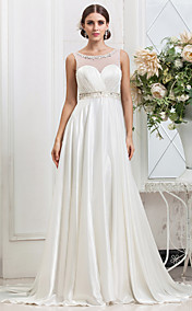  A-line Princess Scoop Sweep/Brush Train Charmeuse Wedding Dress (604656)