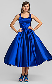 A-line Princess Straps Tea-length Stretch Satin Cocktail Dress (635894)
