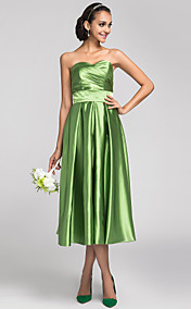 A-line Sweetheart Tea-length Stretch Satin Bridesmaid Dress (663646)