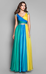 A-line/Princess V-neck Floor-length Chiffon Multi-color Evening Dress