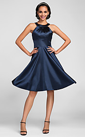 A-line Jewel Knee-length Stretch Satin Bridesmaid Dress (663659)