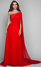 Sheath/Column One Shoulder Sweep/Brush Train Chiffon Evening Dress (466717)