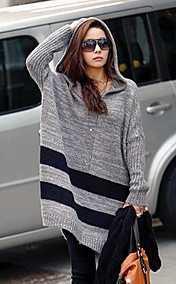 Women's Light Gray Hooded Stripe Loose Sweater