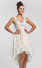A-line/Princess V-neck Asymmetrical Lace Bridesmaid Dress
