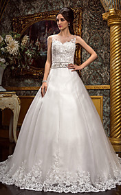 A-line Princess Jewel Court Train Tulle Wedding Dress (612395)