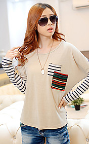 Women's Stripes Splicing Puff Sleeve Pocket T-Shirt