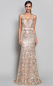 Trumpet/Mermaid Spaghetti Straps Sweep/Brush Train Sequined Refined Evening Dress