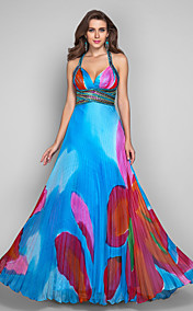 A-line/Princess Straps Floor-length Print Chiffon Grace Evening Dress