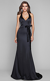 Sheath/Column Halter Sweep/Brush Train Stretch Satin Evening Dress (636355)
