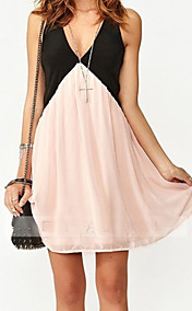 Women's Contrast Color Deep V Neck Sexy Dress