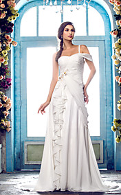 A-line One Shoulder Sweep/Brush Train Chiffon Wedding Dress (631150)