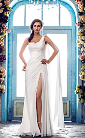 Sheath/Column One Shoulder Sweep/Brush Train Chiffon Wedding Dress