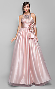 Free Measurements ! A-line Jewel Floor-length Stretch Satin And Tulle Evening/Prom Dress (605471)
