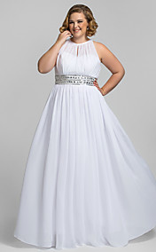 Plus Size Sheath/Column High Neck Floor-length Chiffon Stretch Satin Evening Dress