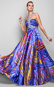 A-line/Princess Straps Floor-length Print Satin Evening Dress