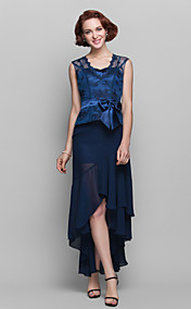 Sheath/Column Queen Anne Sweetheart Asymmetrical Chiffon And Lace Mother of the Bride Dress (699350)