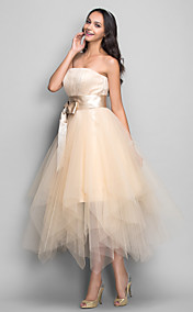 A-line Strapless Tea-length Tulle And Satin Cocktail/Prom Dress (699374)