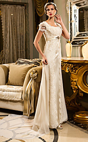  Sheath/Column Queen Anne Court Train Chiffon And Lace Wedding Dress (467025)