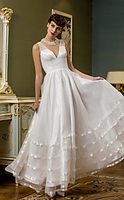 A-line V-neck Ankle-length Organza And Tulle Wedding Dress (710768)