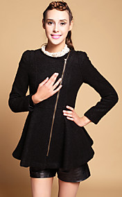 Women's Round Neck Belted Tweed Coat with Zip Front Detail