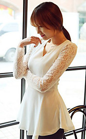 Women's V Neck Lace Sleeve Ruffle Hem Blouse