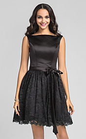 A-line Princess Bateau Knee-length Charmeuse And Lace Bridesmaid Dress
