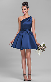 A-line One Shoulder Short/Mini Sleeveless Satin Bridesmaid Dress(699314)