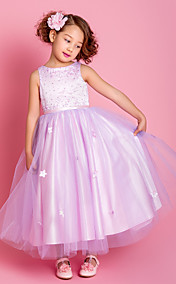 A-line Princess Jewel Knee-length Satin And Tulle Flower Girl Dress With Beading (733990) 