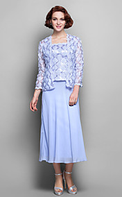 Sheath/Column Straps Tea-length Chiffon And Lace Mother of the Bride Dress