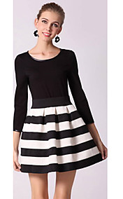 Slim Waist Black And White Striped Women Long-Sleeved Dress
