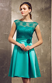 A-line Princess Bateau Short/Mini Lace Satin Bridesmaid Dress
