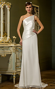 Sheath/Column One Shoulder Sweep/Brush Train Chiffon And Stretch Satin Wedding Dress (710765)