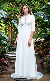 Sheath/Column V-neck Court Train Georgette Wedding Dress (722145)