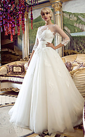 A-line Princess Bateau Sweep/Brush Train Tulle Wedding Dress (466946)