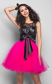 A-line Princess Scoop Short/Mini Tulle And Sequined Cocktail/Prom Dress With Ruching (759817)