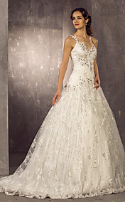 A-line Princess One Shoulder Sweep/Brush Train Lace Weddimg Dress (632807)