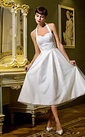 A-line Princess Halter Tea-length Tulle Wedding Dress (710780)