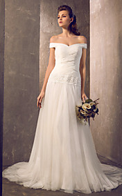 Sheath/Column Off-the-shoulder Sweep/Brush Train Tulle Wedding Dress