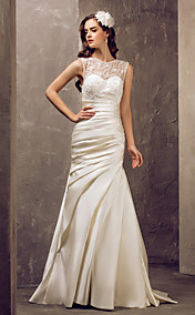 Trumpet/Mermaid Jewel Sweep/Brush Train Satin And Lace Wedding Dress (