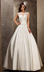 A-line Princess Queen Anne Sweep/Brush Train Satin And Lace Wedding Dress (551572)