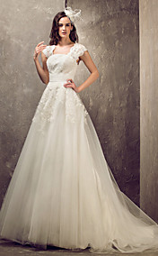 A-line Princess Queen Anne Sweep/Brush Train Tulle And Lace Wedding Dress (632813)