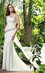 Sheath/Column One Shoulder Sweep/Brush Train Chiffon Wedding Dress (722835)
