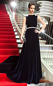 A-line Scoop Sweep/Brush Train Velvet Evening Dress inspired by Kim Kardashian (742167)