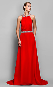 A-line/Princess Halter Sweep/Brush Train Chiffon Evening Dress