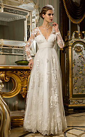 Sheath/Column V-neck Floor-length Tulle And Lace And Chiffon Weddimg Dress