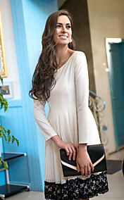 TS Contrast Color Lace Hem Pleats Long Sleeves Swing Dress