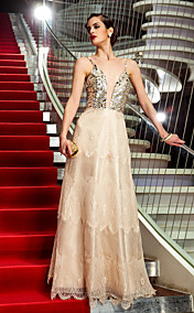 A-line Spaghetti Straps Floor-length Organza And Lace Evening Dress inspired by Claire Danes at Emmy