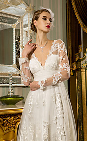 Sheath/Column V-neck Floor-length Tulle And Lace Anf Chiffon Weddimg Dress (699566)