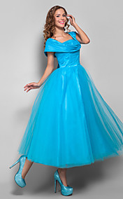 Ball Gown Straps Tea-length Tulle and Stretch Satin Evening/Prom Dress (699375) 